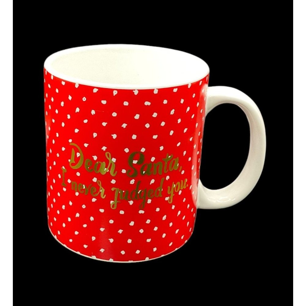 COFFEE CUP/MUG‎ Dear Santa I Never Judged You Red White Cup Gold Lettering